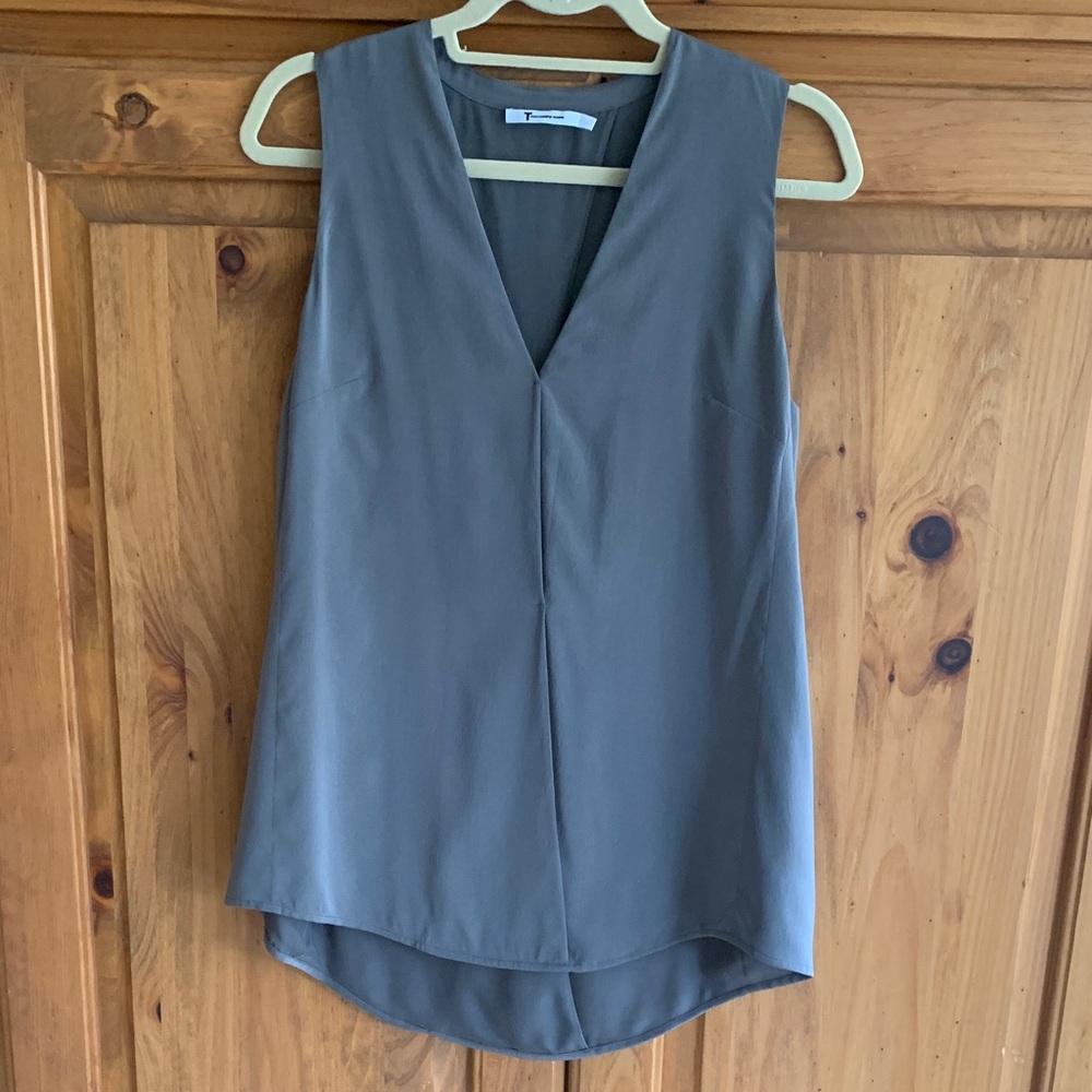 Alexander Wang V-Neck Sleeveless Silk Blouse in Slate Gray, Size L